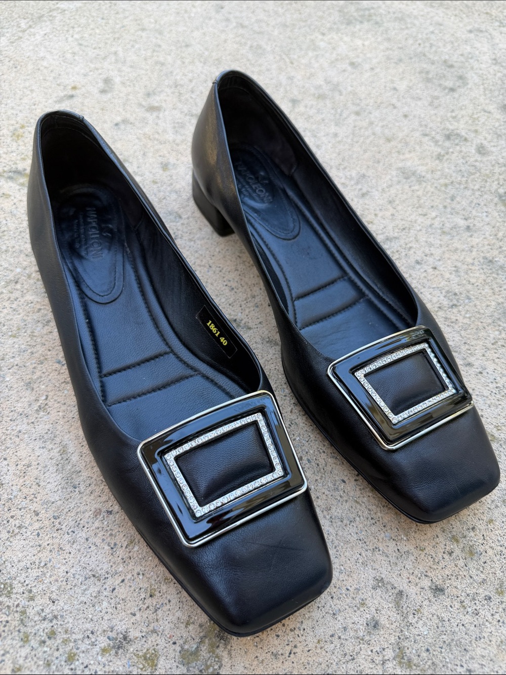 Napoleoni Women's Black Leather Square Rhinestone Buckle Heel Flats Size 40/9.5